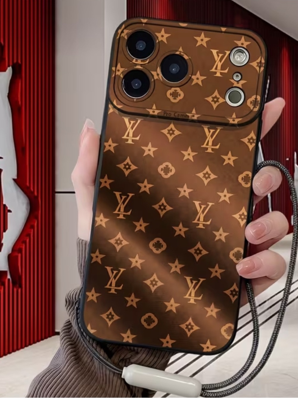 Luxury Inspired Brown Designer-Pattern IPhone 16 Pro Max Case NWT with Lanyard